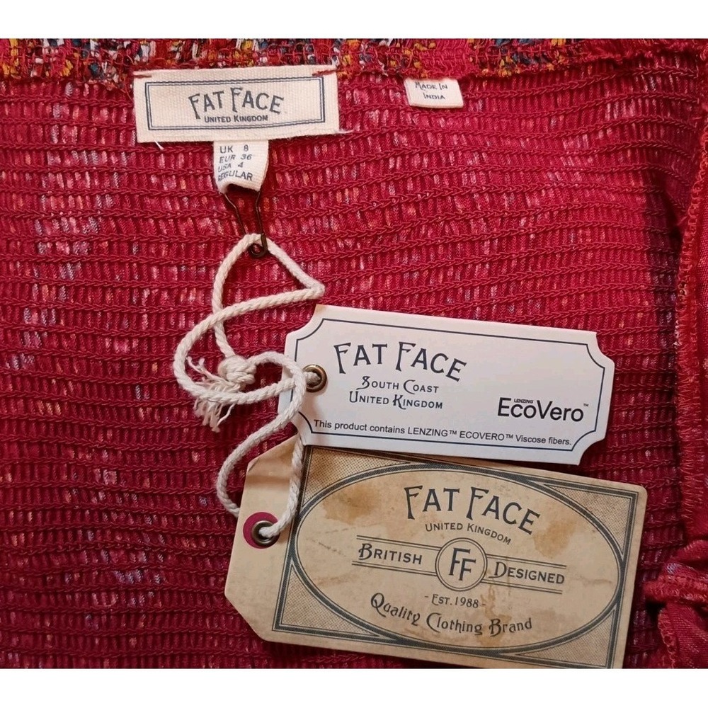 Fat Face Paisley Jersey Dress Cherry Red Size 4 NWT Smocked Pockets Boho Casual - Picture 9 of 13